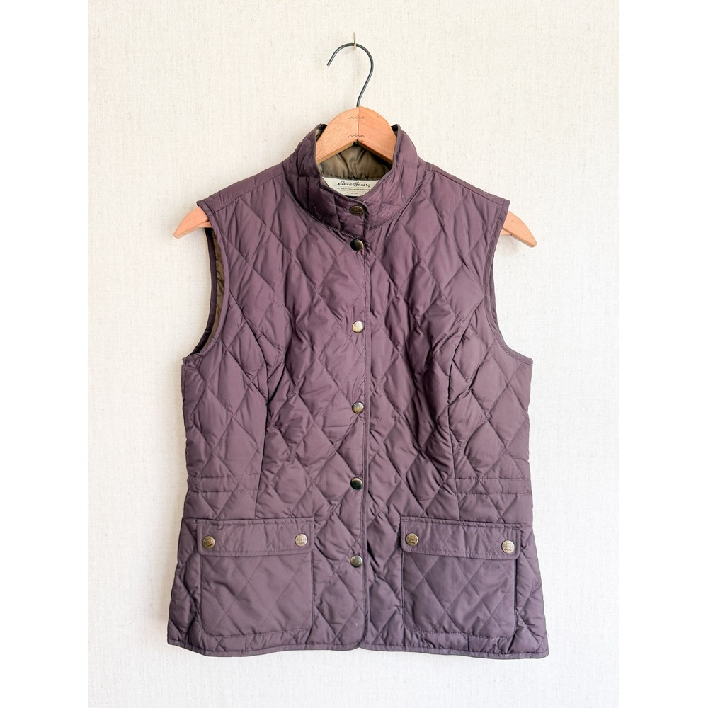 Eddie Bauer Quilted Goose Down Vest Outdoor Small Purple Diamond Snap Mock Neck